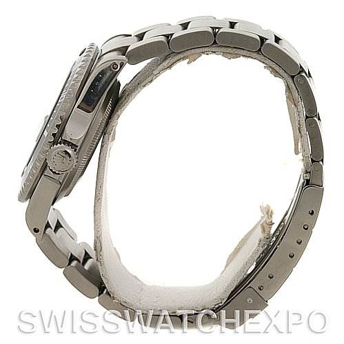 The image shows a side profile of a Rolex Submariner 16610 Men's Stainless Steel Black Dial 16610 Men's Stainless Steel Black Dial, highlighting its casing, bezel, crown, and bracelet.