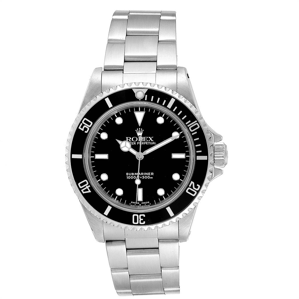 The image shows a front view of a Rolex Submariner 14060 Men's Stainless Steel Black Dial 14060 Men's Stainless Steel Black Dial watch, highlighting its dial, bezel, and metal bracelet.