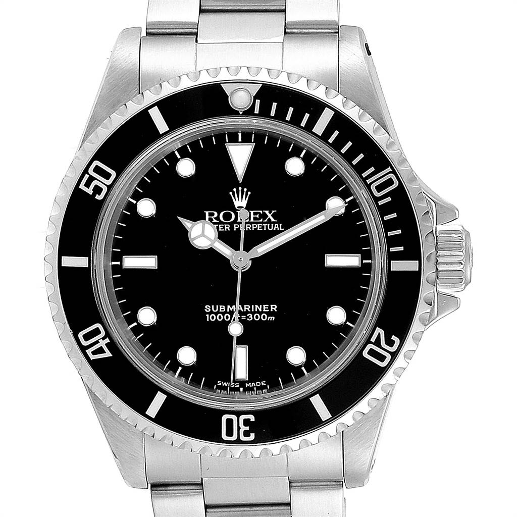 This image shows a front view of a Rolex Submariner 14060 Men's Stainless Steel Black Dial 14060 Men's Stainless Steel Black Dial watch, highlighting the bezel, dial, hands, and part of the bracelet.