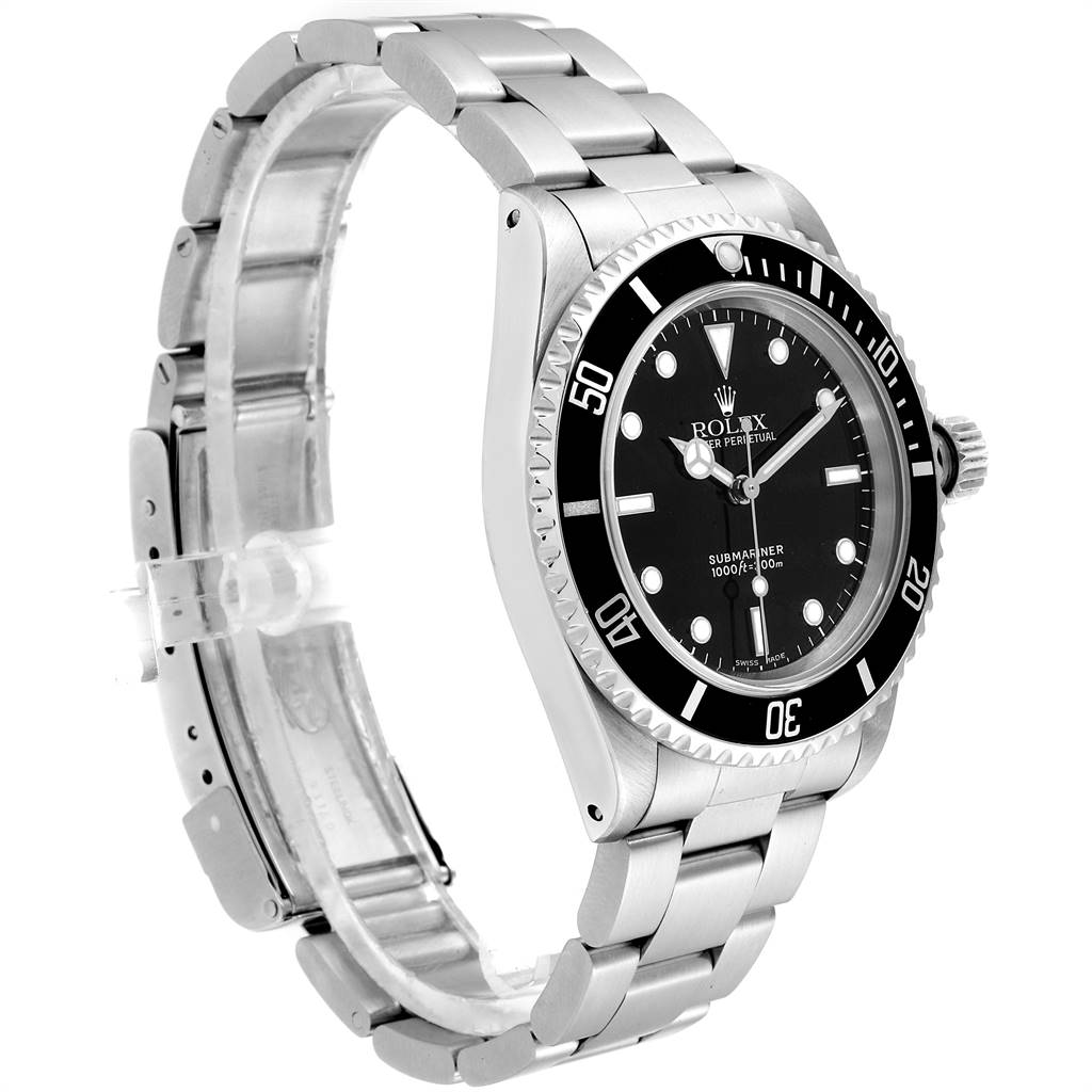The Rolex Submariner 14060 Men's Stainless Steel Black Dial 14060 Men's Stainless Steel Black Dial watch is shown from a side angle, displaying the face, bezel, crown, and metal bracelet.