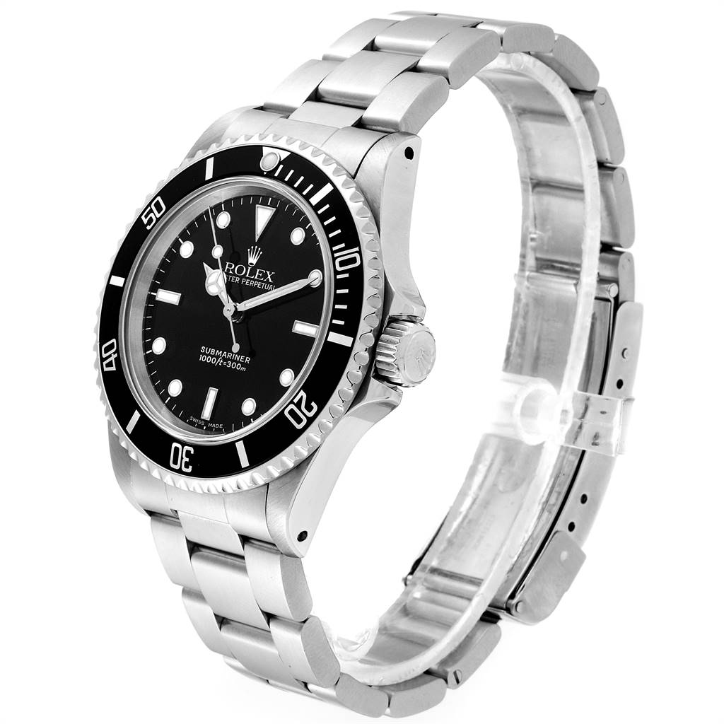 The image shows a side view of a Rolex Submariner 14060 Men's Stainless Steel Black Dial 14060 Men's Stainless Steel Black Dial watch, displaying the face, bezel, crown, and bracelet.