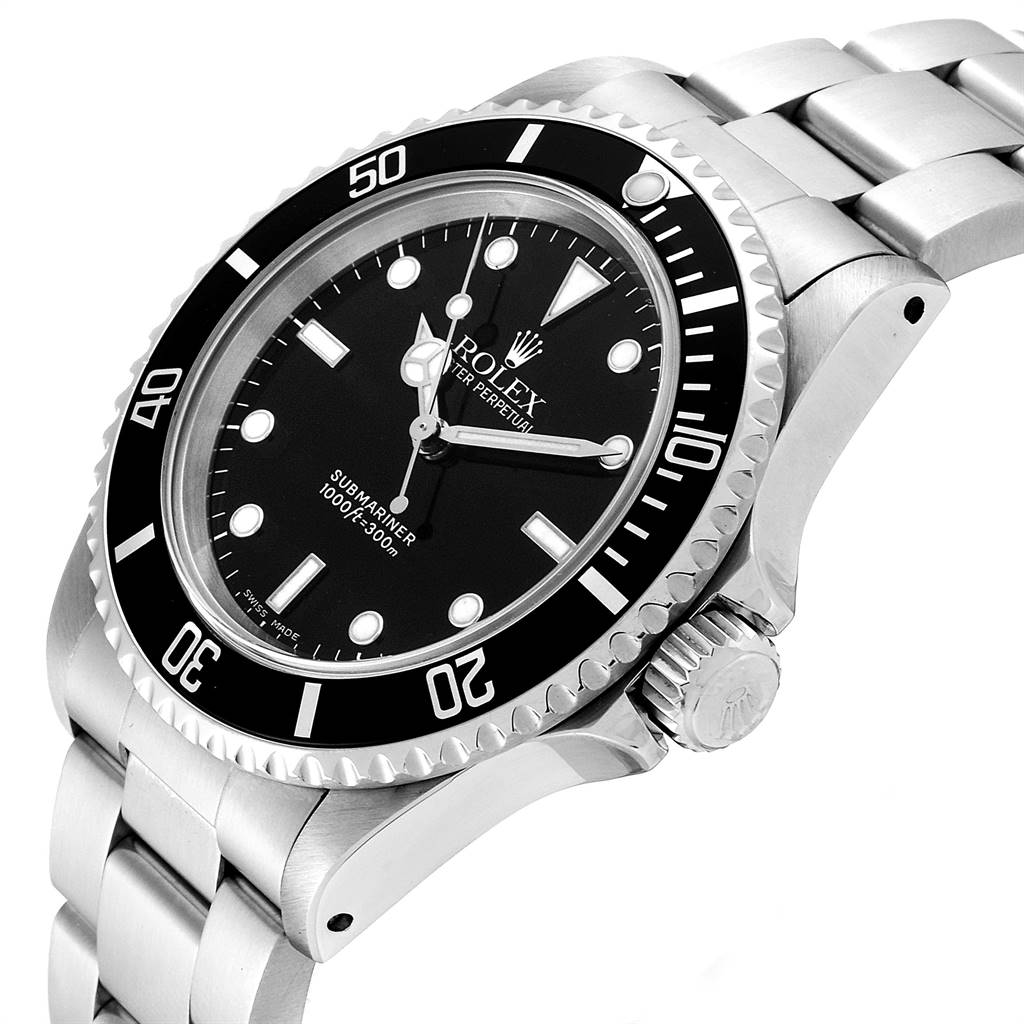 The image shows a side-angle view of a Rolex Submariner 14060 Men's Stainless Steel Black Dial 14060 Men's Stainless Steel Black Dial, highlighting the bezel, dial, crown, and bracelet.