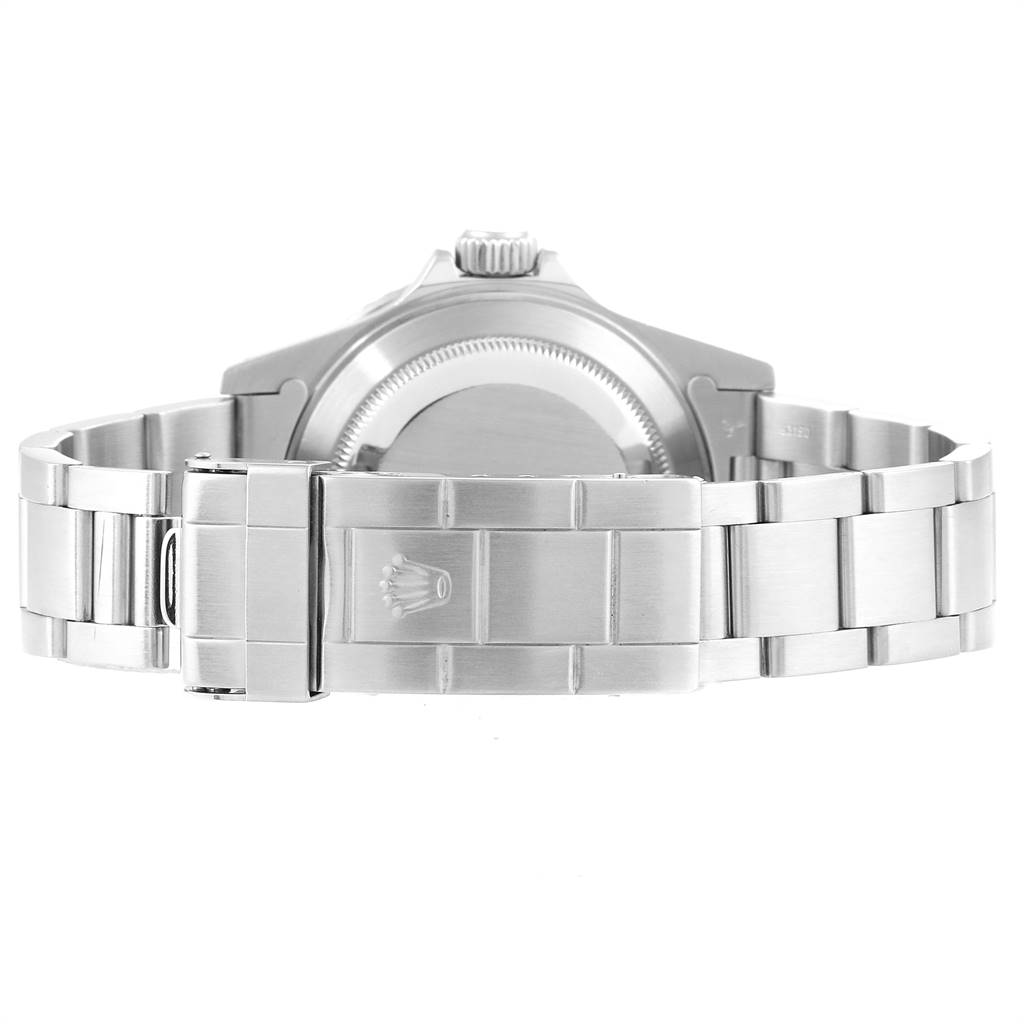 The image shows the back view of a Rolex Submariner 14060 Men's Stainless Steel Black Dial 14060 Men's Stainless Steel Black Dial watch focusing on the clasp and bracelet.