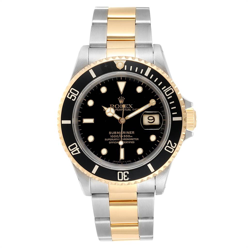 The image shows a front view of a Rolex Submariner 16613 Men's Steel and Gold (two tone) Black Dial 16613 Men's Steel and Gold (two tone) Black Dial watch displaying its dial, bezel, and two-tone metal bracelet.