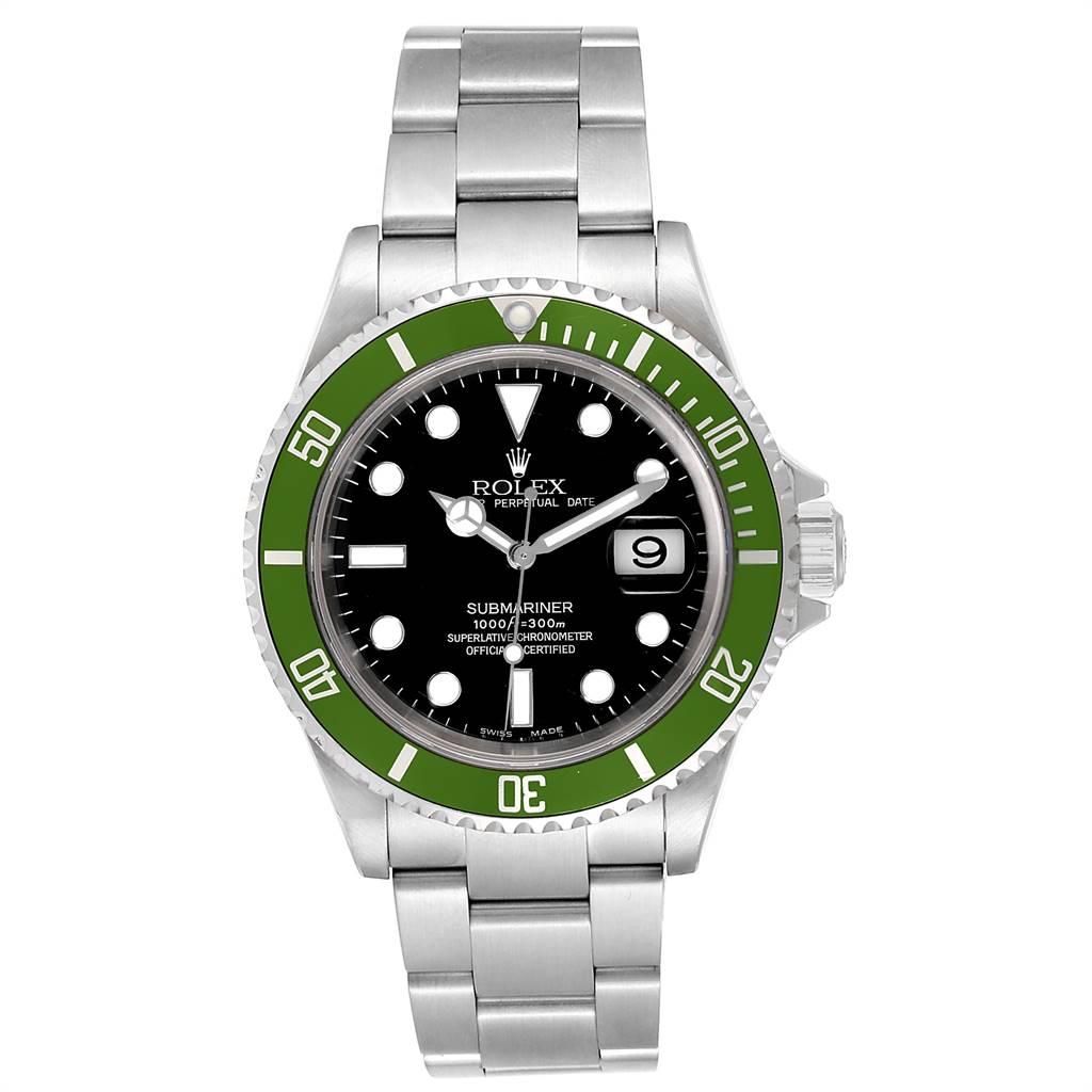 This image shows a front view of a Rolex Submariner 16610LV Men's Stainless Steel Black Dial 16610LV Men's Stainless Steel Black Dial watch with a green bezel, black dial, and steel bracelet.