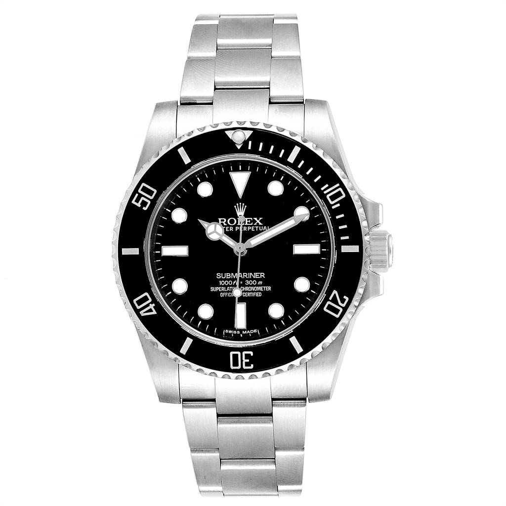 The image shows a front view of a Rolex Submariner 114060 Men
s Stainless Steel Black Dial 114060 Men
s Stainless Steel Black Dial, displaying the face, bezel, and bracelet.