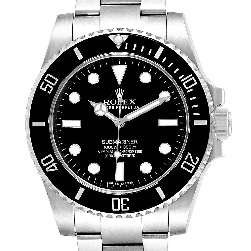 The Rolex Submariner 114060 Men
s Stainless Steel Black Dial 114060 Men
s Stainless Steel Black Dial watch is shown from a front angle, displaying the dial, bezel, and part of the bracelet.