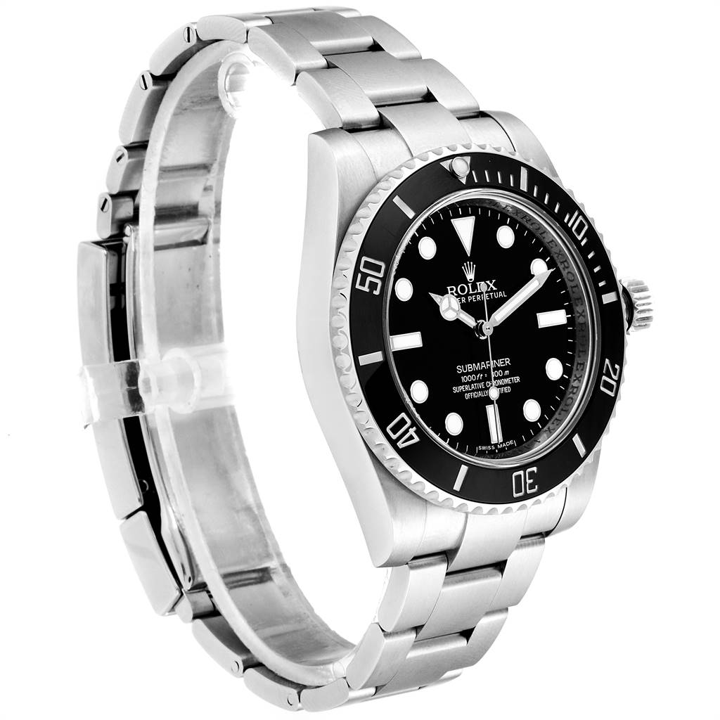 The Rolex Submariner 114060 Men
s Stainless Steel Black Dial 114060 Men
s Stainless Steel Black Dial watch is shown at a three-quarter angle, highlighting the face, bezel, crown, and part of the bracelet.