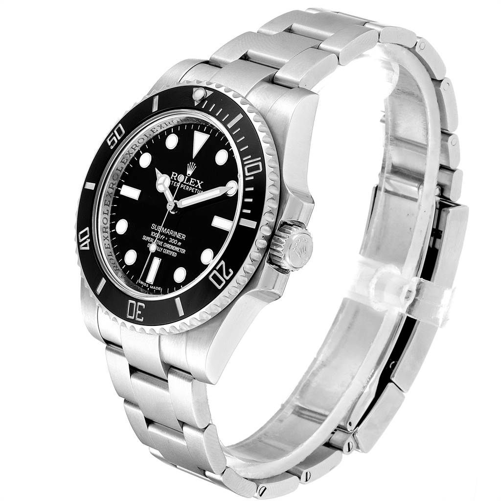 The image shows a Rolex Submariner 114060 Men
s Stainless Steel Black Dial 114060 Men
s Stainless Steel Black Dial watch at a three-quarter angle highlighting its face, bezel, crown, and bracelet.