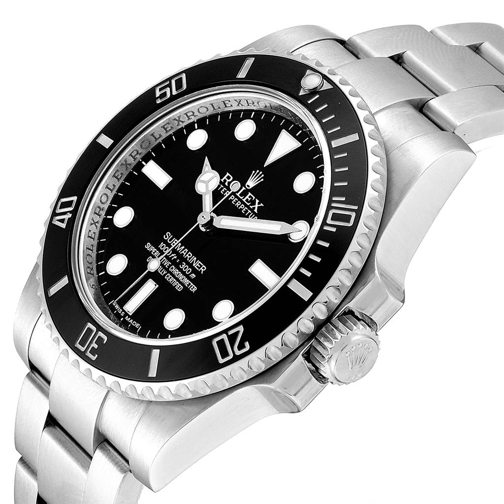 The image shows a Rolex Submariner 114060 Men
s Stainless Steel Black Dial 114060 Men
s Stainless Steel Black Dial watch at an angle that highlights its face, bezel, and part of its metal bracelet.