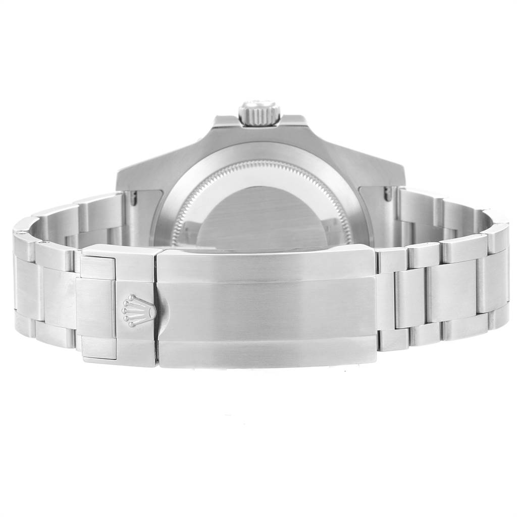 This image shows the back view of a Rolex Submariner 114060 Men
s Stainless Steel Black Dial 114060 Men
s Stainless Steel Black Dial watch, highlighting the case back and the clasp on the bracelet.