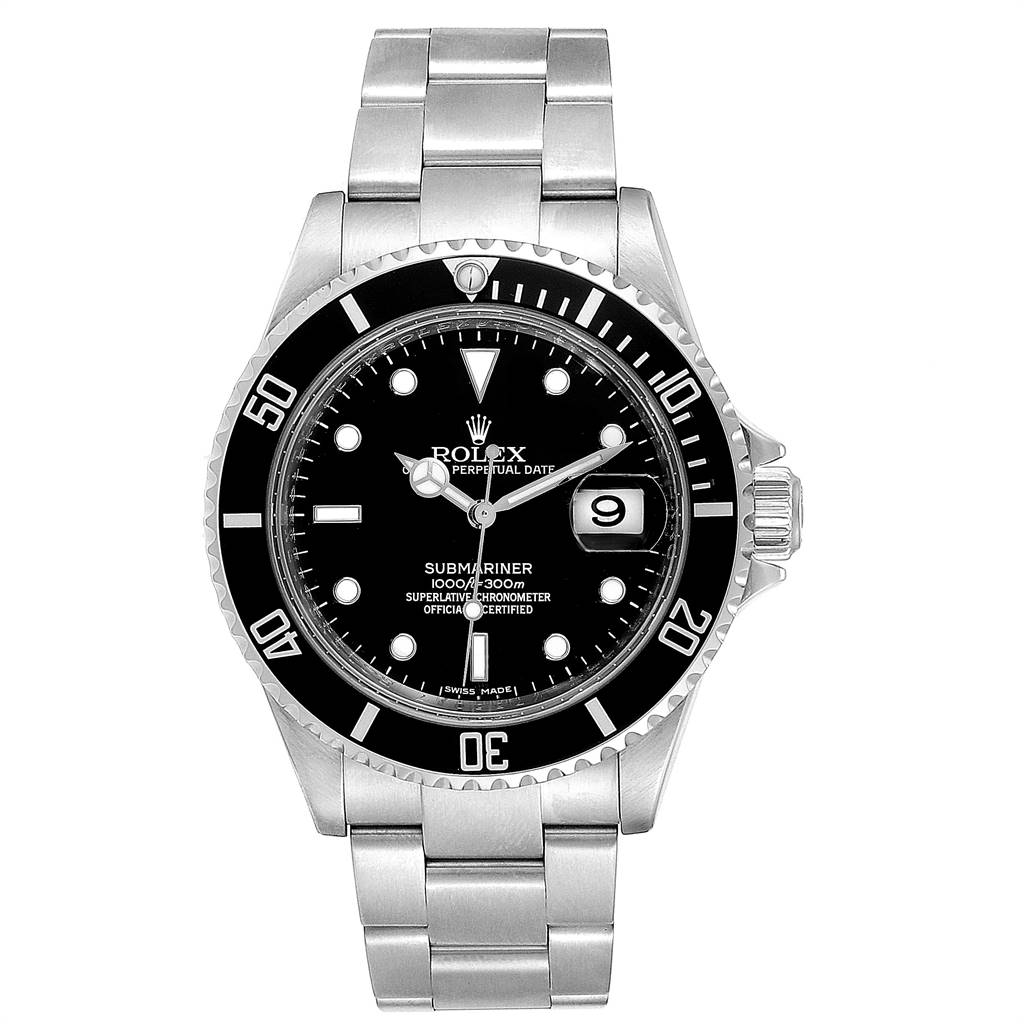 The image shows a front view of a Rolex Submariner 16610 Men's Stainless Steel Black Dial 16610 Men's Stainless Steel Black Dial watch, displaying its dial, bezel, date window, and bracelet.