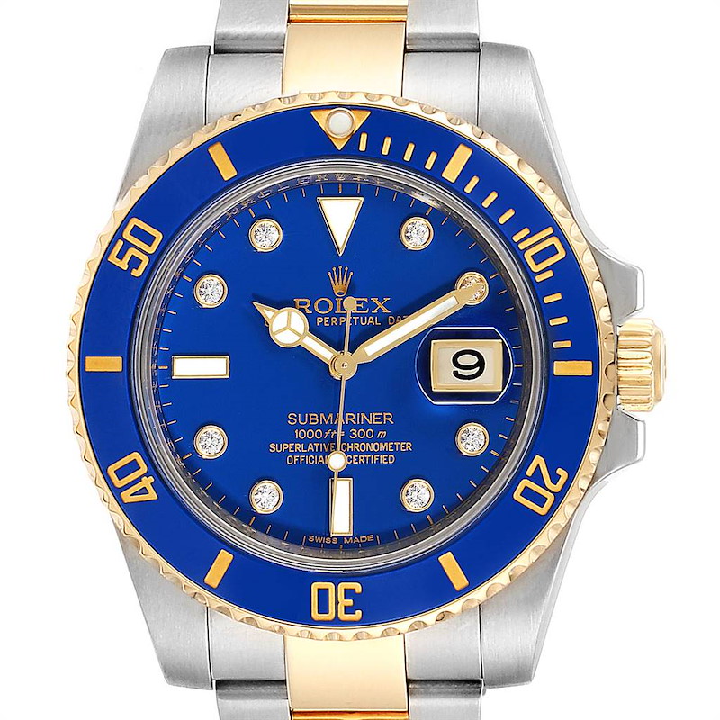 Rolex Submariner Steel Yellow Gold Diamond Blue Dial Mens Watch 116613 ...