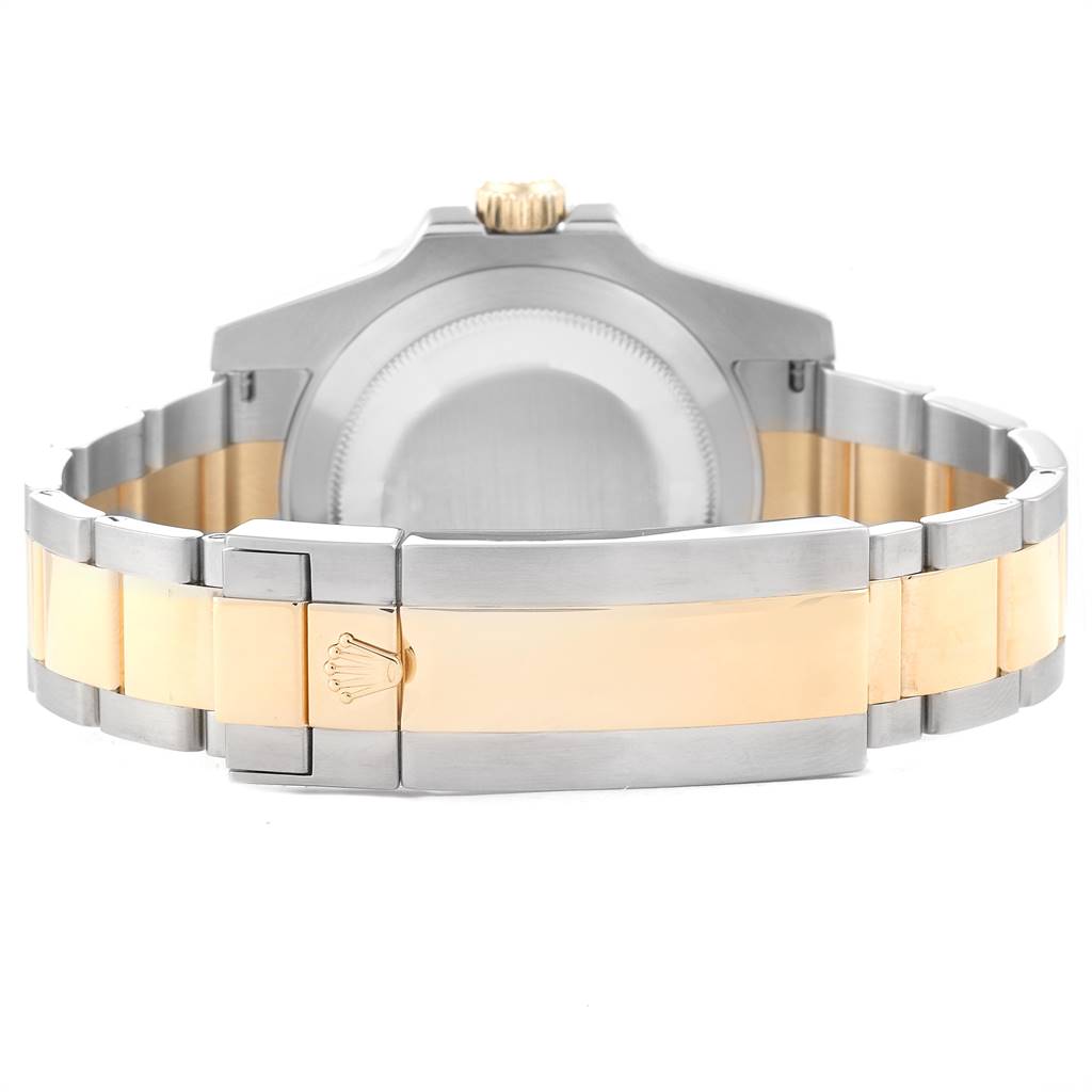 This image shows the back view of a Rolex Submariner 116613 Men
s Steel and Gold (two tone) Blue Dial 116613 Men
s Steel and Gold (two tone) Blue Dial, highlighting its stainless steel and gold bracelet and clasp.