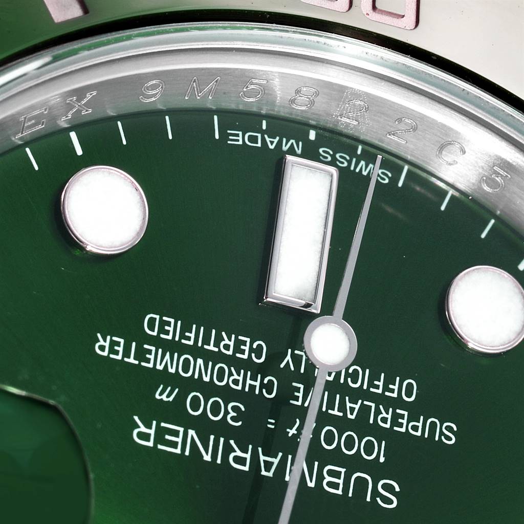 The close-up image shows the dial and bezel of a Rolex Submariner 116610LV Men
s Stainless Steel Green Dial 116610LV Men
s Stainless Steel Green Dial watch, highlighting the text and hour markers.