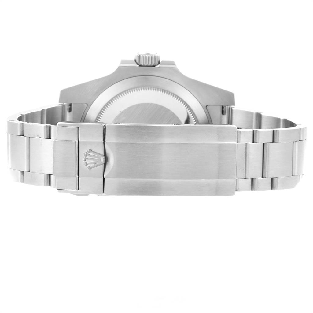 The image shows the back view of a Rolex Submariner 116610LV Men
s Stainless Steel Green Dial 116610LV Men
s Stainless Steel Green Dial, focusing on the clasp and part of the bracelet.