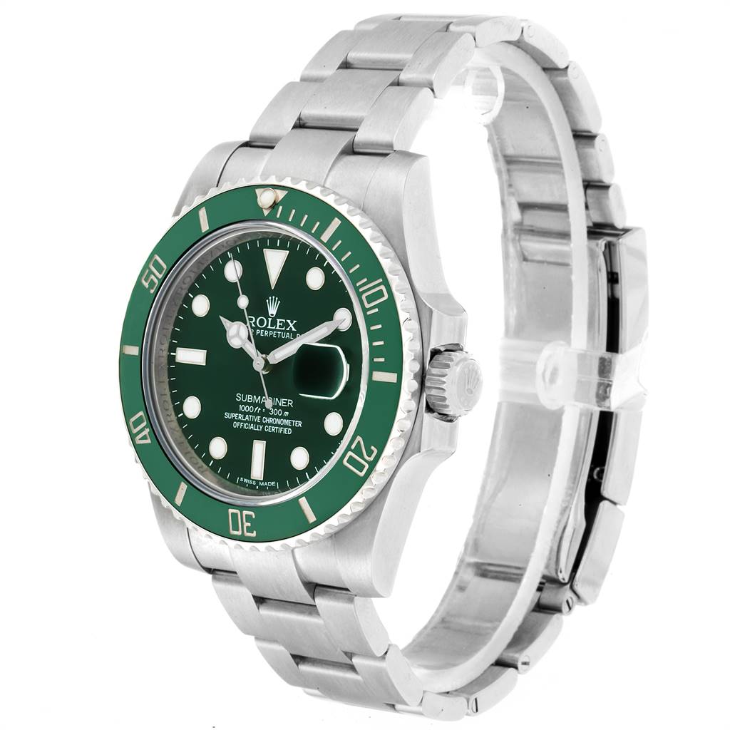 The image shows a Rolex Submariner 116610LV Men
s Stainless Steel Green Dial 116610LV Men
s Stainless Steel Green Dial watch at a slight angle, displaying its green dial, bezel, and stainless steel bracelet.