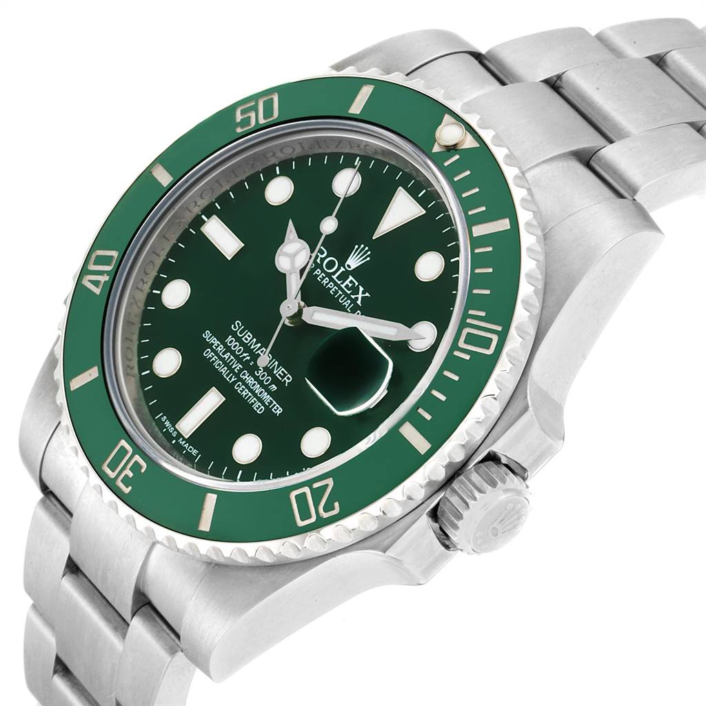 The Rolex Submariner 116610LV Men
s Stainless Steel Green Dial 116610LV Men
s Stainless Steel Green Dial watch is shown at an angle highlighting its green dial, bezel, and stainless steel bracelet.