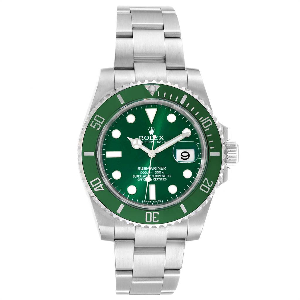 The image shows a front view of the Rolex Submariner 116610LV Men
s Stainless Steel Green Dial 116610LV Men
s Stainless Steel Green Dial watch, displaying its green dial, bezel, and stainless steel bracelet.