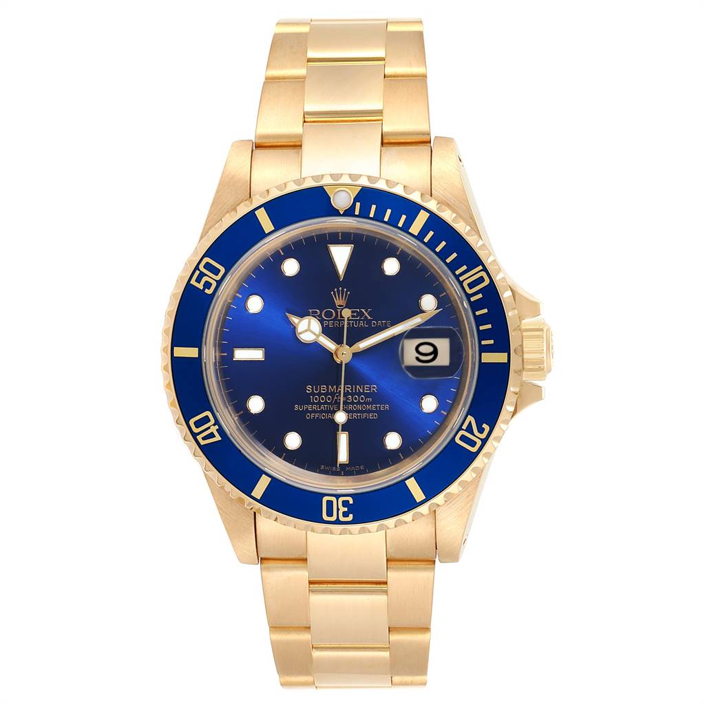 The image shows the Rolex Submariner 16618 Men's Yellow Gold Blue Dial 16618 Men's Yellow Gold Blue Dial watch from a front angle, highlighting its blue dial, bezel, gold case, and bracelet.