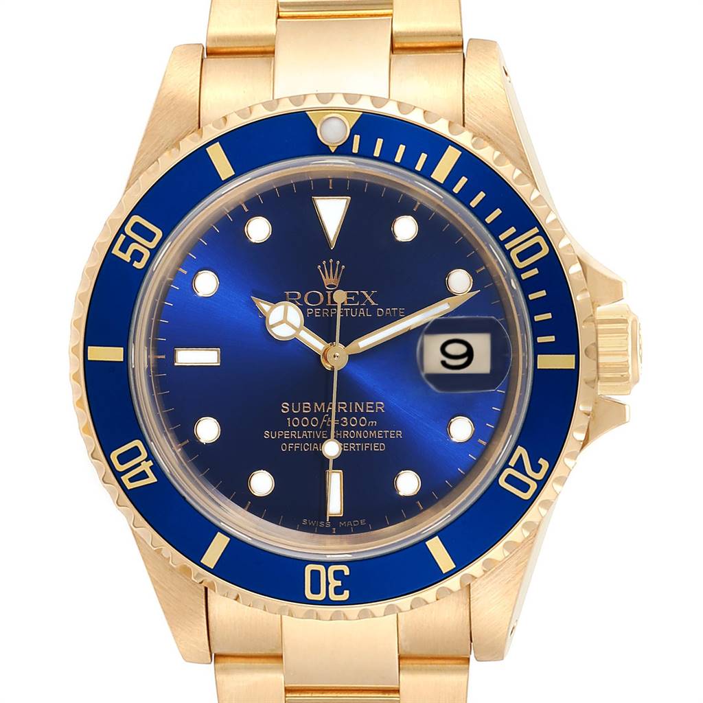 Rolex Submariner 18K Yellow Gold Blue Dial 40mm Mens Watch 16618 ...