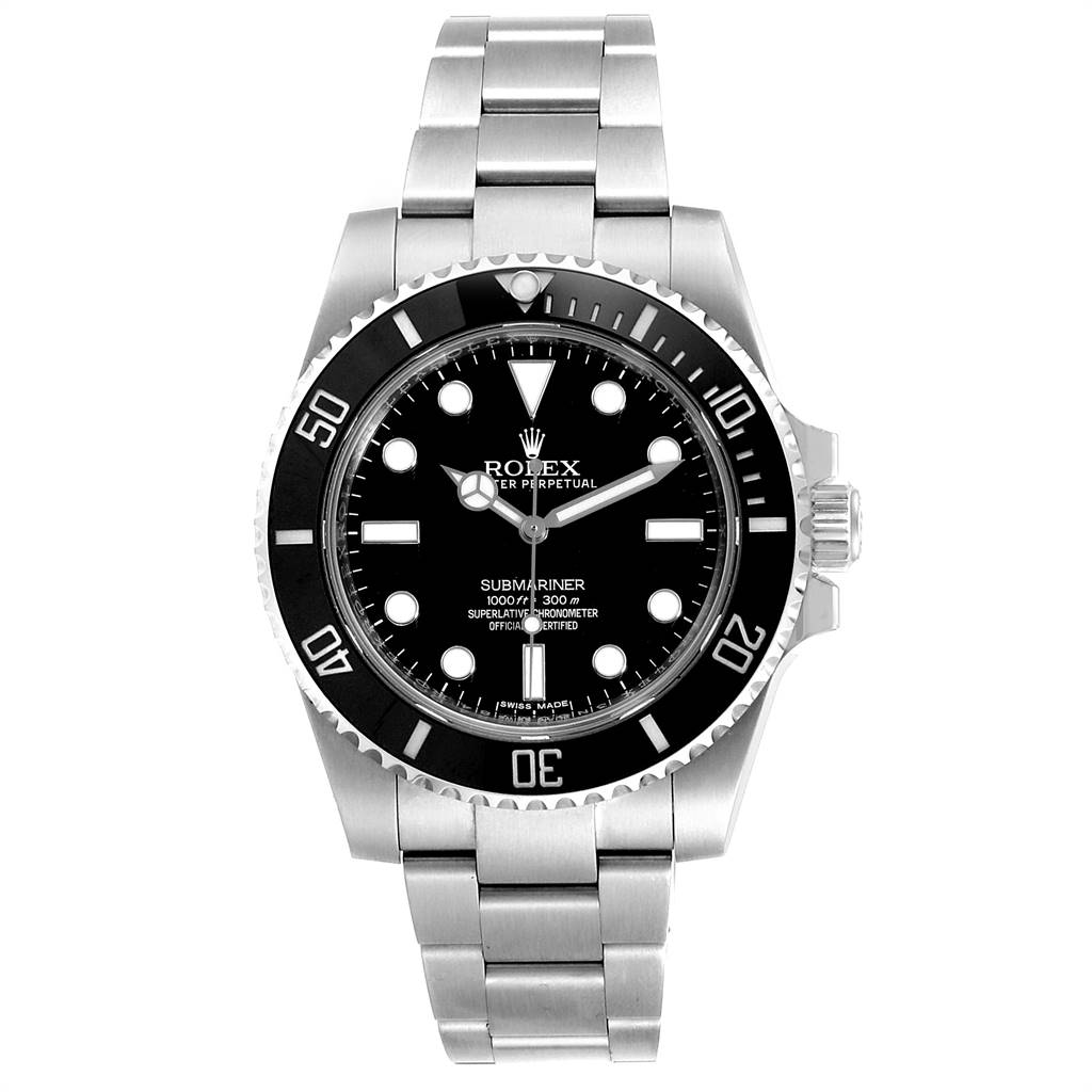 The image shows a front view of the Rolex Submariner 114060 Men's Stainless Steel Black Dial 114060 Men's Stainless Steel Black Dial watch, highlighting its dial, bezel, hands, and bracelet.