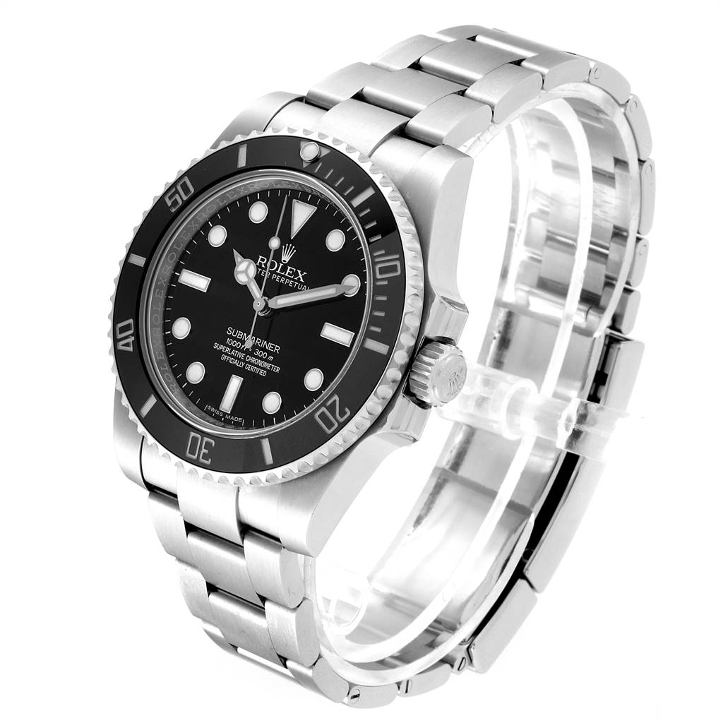 The image shows a Rolex Submariner 114060 Men's Stainless Steel Black Dial 114060 Men's Stainless Steel Black Dial watch at a three-quarter angle, highlighting the face, bezel, and metallic band.