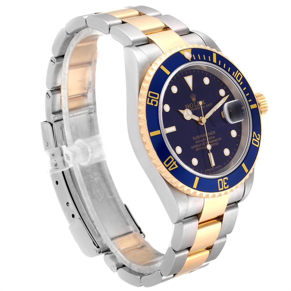 This image shows a side and partial front view of a Rolex Submariner 16613 Men's Steel and Gold (two tone) Blue Dial 16613 Men's Steel and Gold (two tone) Blue Dial watch, highlighting its blue dial, bezel, and two-tone bracelet.