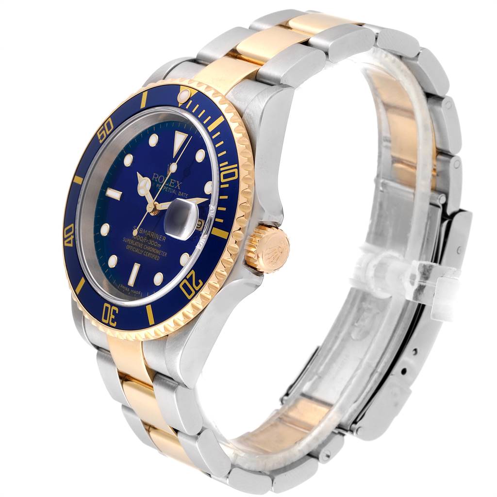The Rolex Submariner 16613 Men's Steel and Gold (two tone) Blue Dial 16613 Men's Steel and Gold (two tone) Blue Dial watch is shown at an angle highlighting the dial, bezel, crown, and two-tone bracelet.