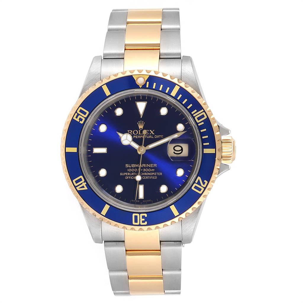 The image shows a Rolex Submariner 16613 Men's Steel and Gold (two tone) Blue Dial 16613 Men's Steel and Gold (two tone) Blue Dial watch from a front view, highlighting the dial, bezel, and bracelet.