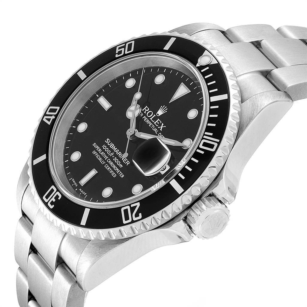 The image features a tilted side view of the Rolex Submariner 16610 Men
s Stainless Steel Black Dial 16610 Men
s Stainless Steel Black Dial watch, showing the dial, bezel, crown, and part of the bracelet.