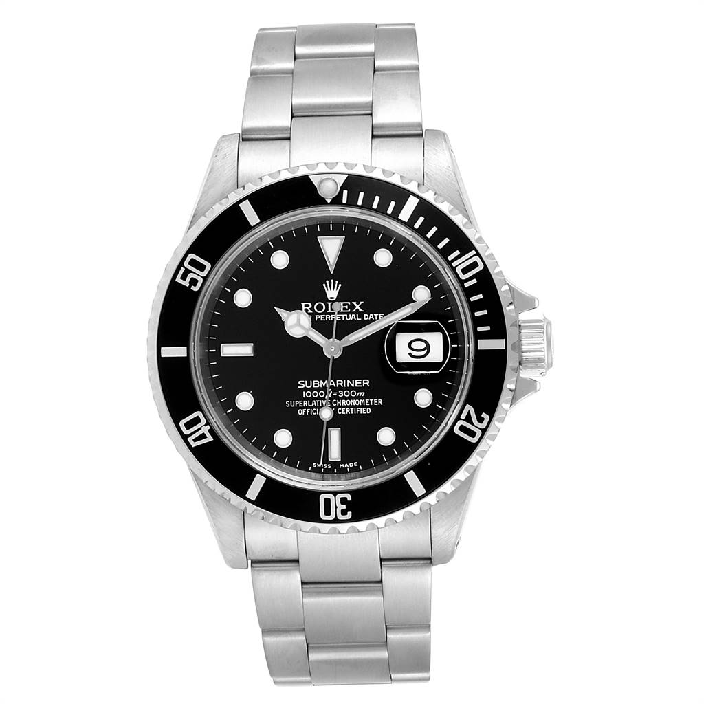 The image shows a front view of the Rolex Submariner 16610 Men
s Stainless Steel Black Dial 16610 Men
s Stainless Steel Black Dial watch displaying the dial, bezel, bracelet, and date window.