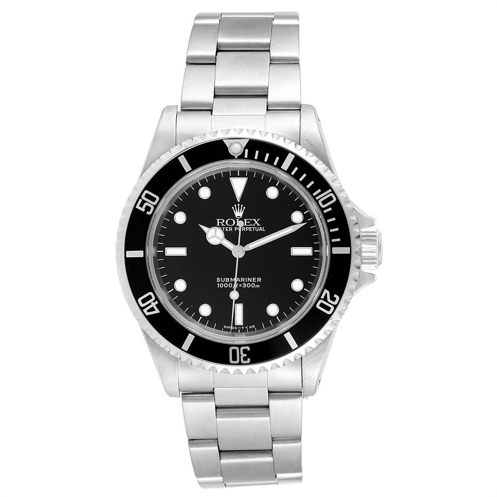 The image shows a front view of the Rolex Submariner 14060 Men's Stainless Steel Black Dial 14060 Men's Stainless Steel Black Dial watch, displaying the dial, bezel, and stainless steel bracelet.