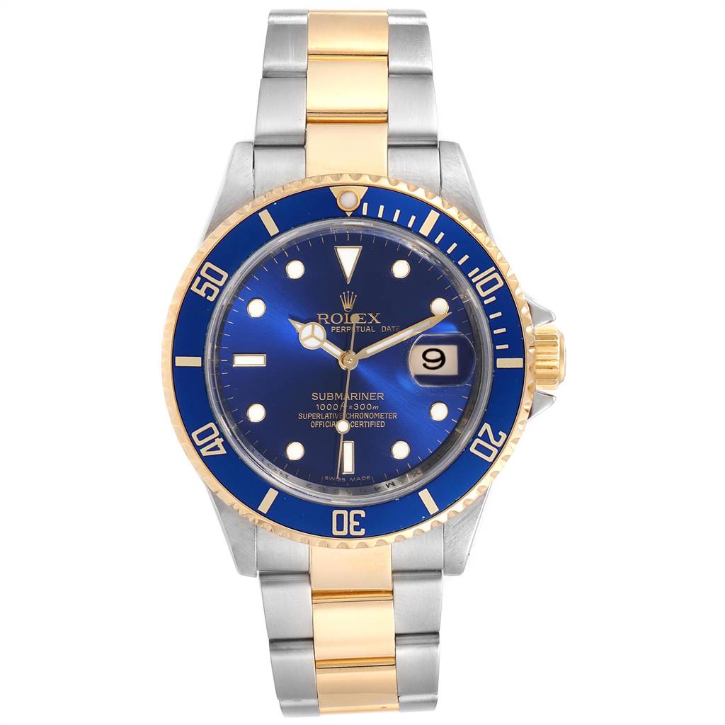 The Rolex Submariner 16613 Men
s Steel and Gold (two tone) Blue Dial 16613 Men
s Steel and Gold (two tone) Blue Dial watch is shown from the front, displaying the dial, bezel, and bracelet.