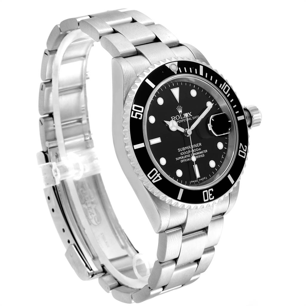 A Rolex Submariner 16610 Men
s Stainless Steel Black Dial 16610 Men
s Stainless Steel Black Dial watch shown from a three-quarter angle, displaying its face, bezel, and metal bracelet.