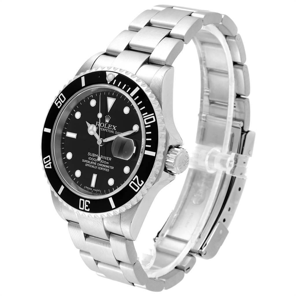 The Rolex Submariner 16610 Men
s Stainless Steel Black Dial 16610 Men
s Stainless Steel Black Dial is shown at a three-quarter angle, displaying the face, bezel, crown, and bracelet.