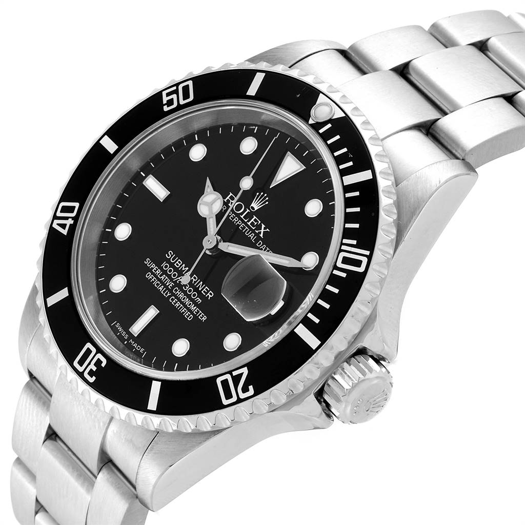 The image shows the front and right side of the Rolex Submariner 16610 Men
s Stainless Steel Black Dial 16610 Men
s Stainless Steel Black Dial, highlighting its bezel, dial, bracelet, and crown.