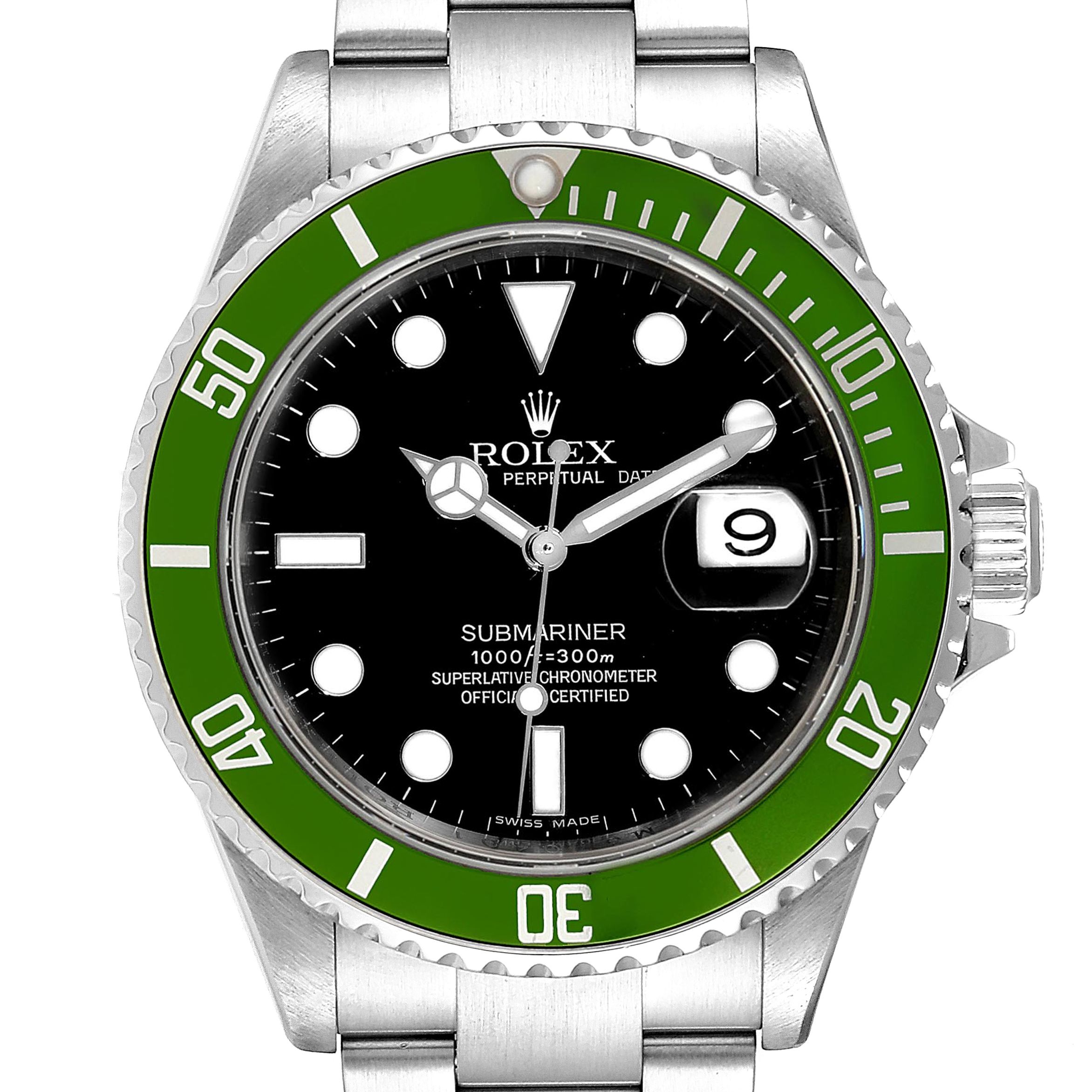 The image shows a front view of a Rolex Submariner 16610LV Men's Stainless Steel Black Dial 16610LV Men's Stainless Steel Black Dial watch, highlighting the dial, bezel, and bracelet.