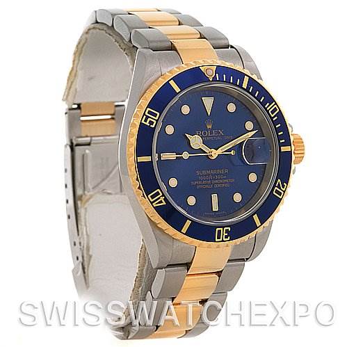 The image shows a Rolex Submariner 16613 Men's Yellow Gold Blue Dial 16613 Men's Yellow Gold Blue Dial watch from a front angle, highlighting its blue dial, bezel, and two-tone bracelet.
