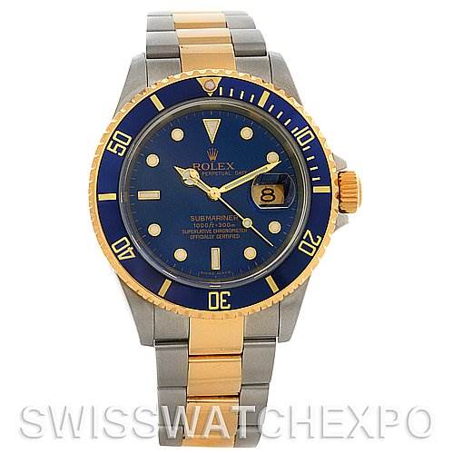 This image shows the front view of a Rolex Submariner 16613 Men's Yellow Gold Blue Dial 16613 Men's Yellow Gold Blue Dial watch, highlighting the dial, bezel, and two-tone bracelet.