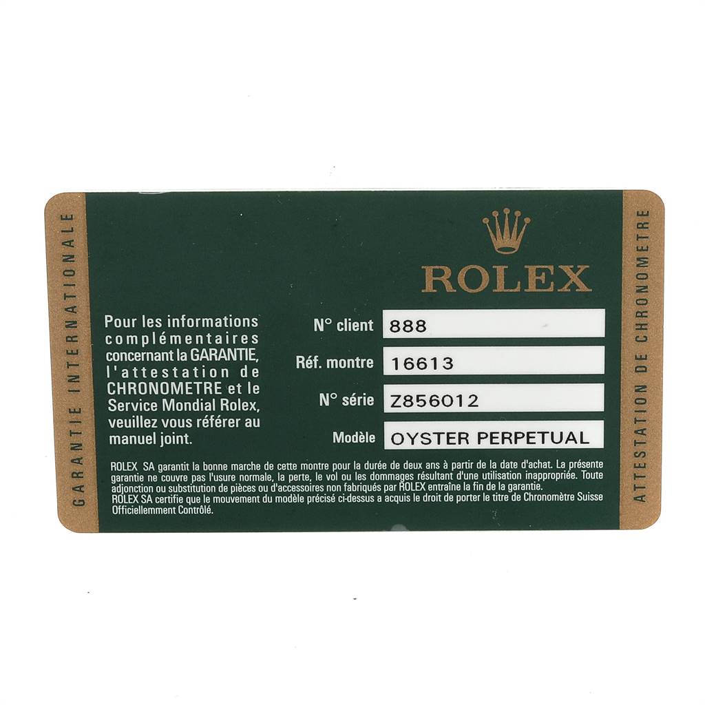 This image shows the warranty card for a Rolex Submariner 16613 Men's Steel and Gold (two tone) Blue Dial 16613 Men's Steel and Gold (two tone) Blue Dial model watch, specifically the Oyster Perpetual.