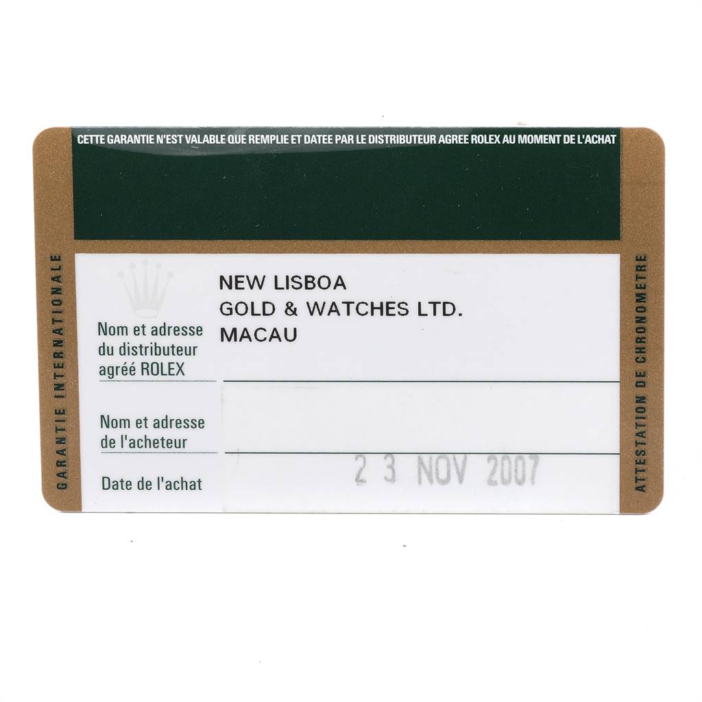 This is a warranty card for a Rolex Submariner 16613 Men's Steel and Gold (two tone) Blue Dial 16613 Men's Steel and Gold (two tone) Blue Dial, showing the seller's details, purchase date, and a serial number field.