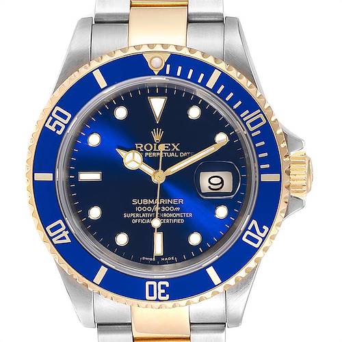 Photo of Rolex Submariner Blue Dial Bezel Steel Gold Watch 16613 Box Card