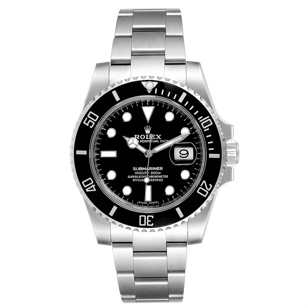 This image shows a front view of the Rolex Submariner 116610 Men
s Stainless Steel Black Dial 116610 Men
s Stainless Steel Black Dial watch, displaying the dial, bezel, and bracelet.