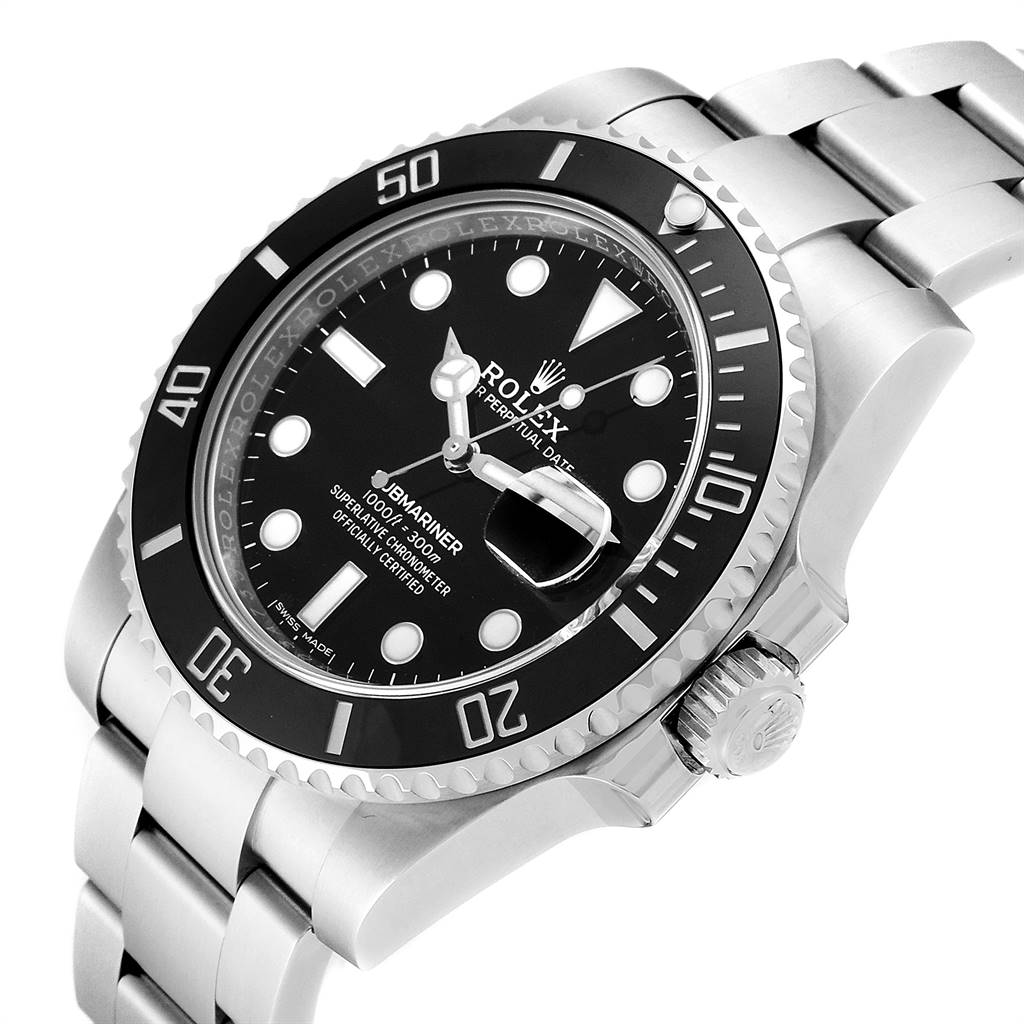 The image shows a three-quarter angle of a Rolex Submariner 116610 Men
s Stainless Steel Black Dial 116610 Men
s Stainless Steel Black Dial, highlighting the dial, bezel, bracelet, and crown.