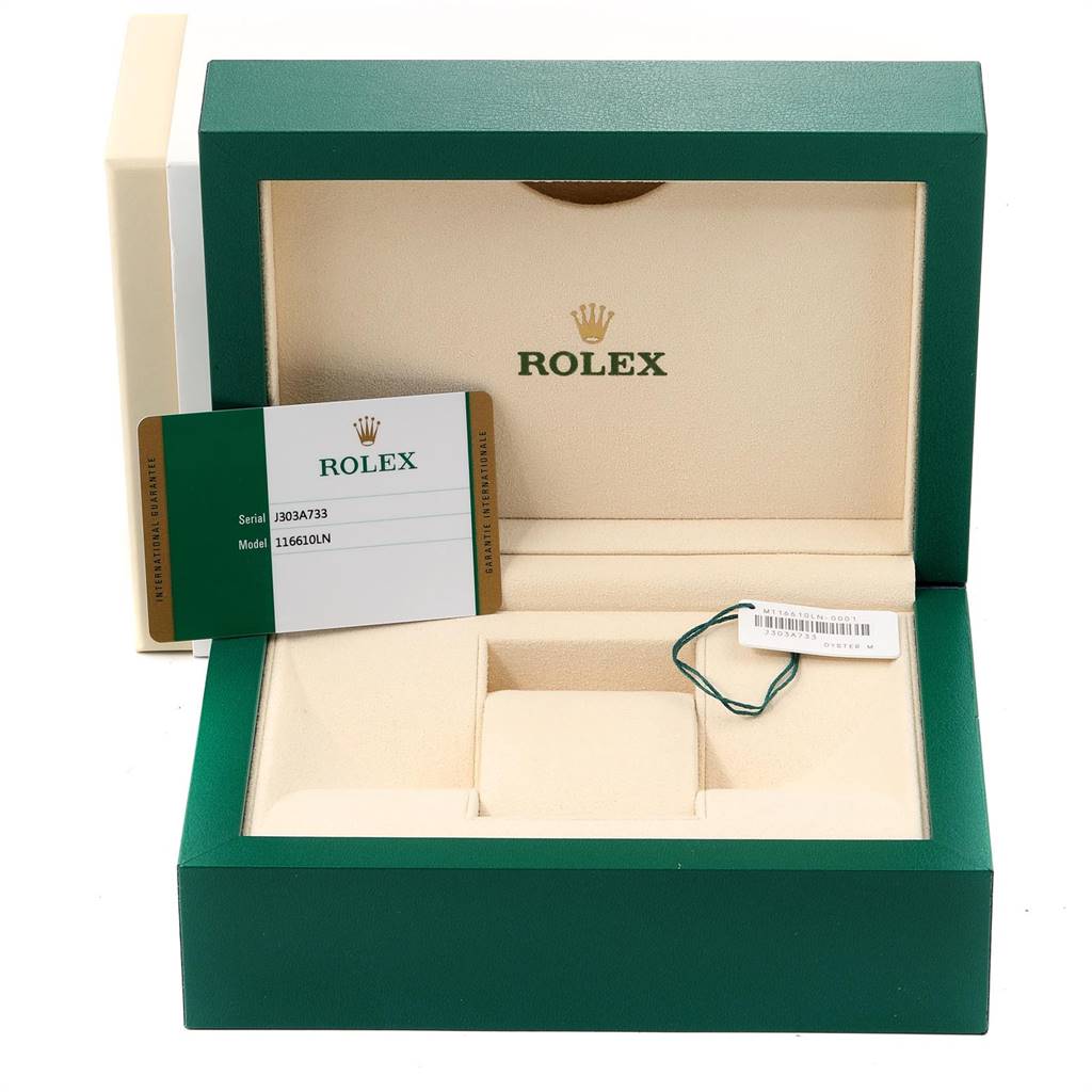 This image shows the open box and Best Quality
ity card for the Rolex Submariner 116610 Men
s Stainless Steel Black Dial 116610 Men
s Stainless Steel Black Dial model 116610LN.