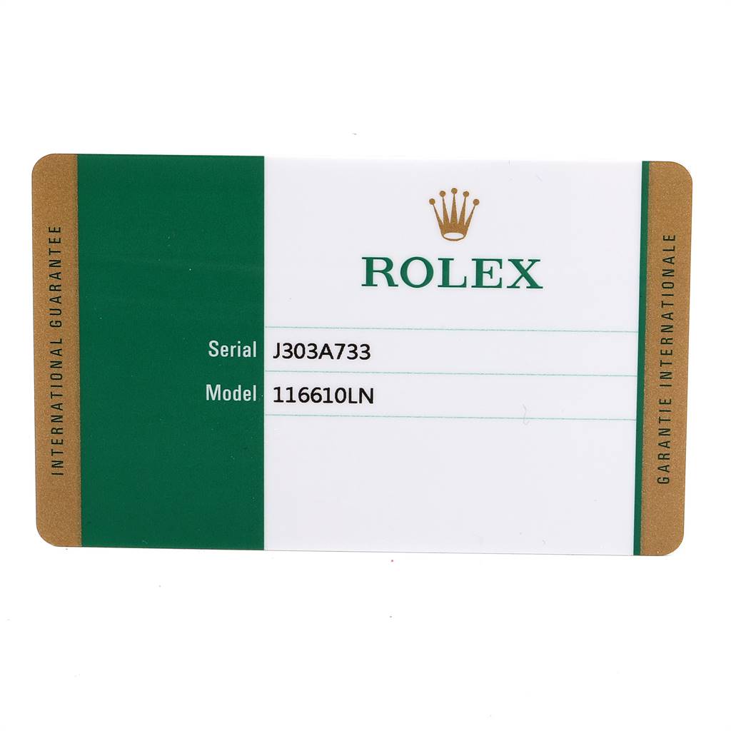 This image shows the guarantee card for a Rolex Submariner 116610 Men
s Stainless Steel Black Dial 116610 Men
s Stainless Steel Black Dial model 116610LN.