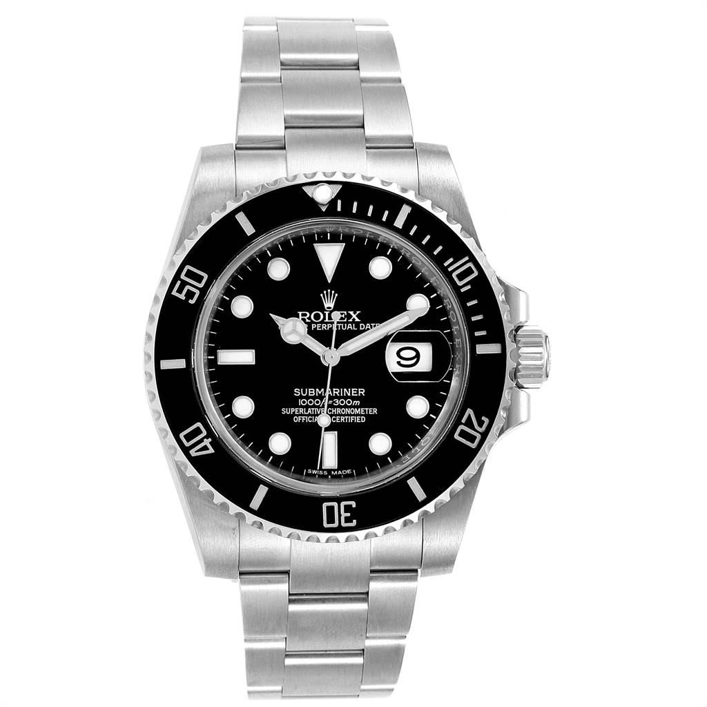 The image shows a front view of a Rolex Submariner 116610 Men's Stainless Steel Black Dial 116610 Men's Stainless Steel Black Dial watch, displaying its face, bezel, crown, and bracelet.
