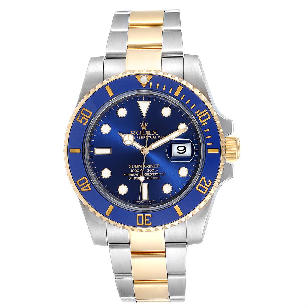 The image shows a front view of the Rolex Submariner 116613 Men's Steel and Gold (two tone) Blue Dial 116613 Men's Steel and Gold (two tone) Blue Dial watch, including the bezel, dial, bracelet, and crown.