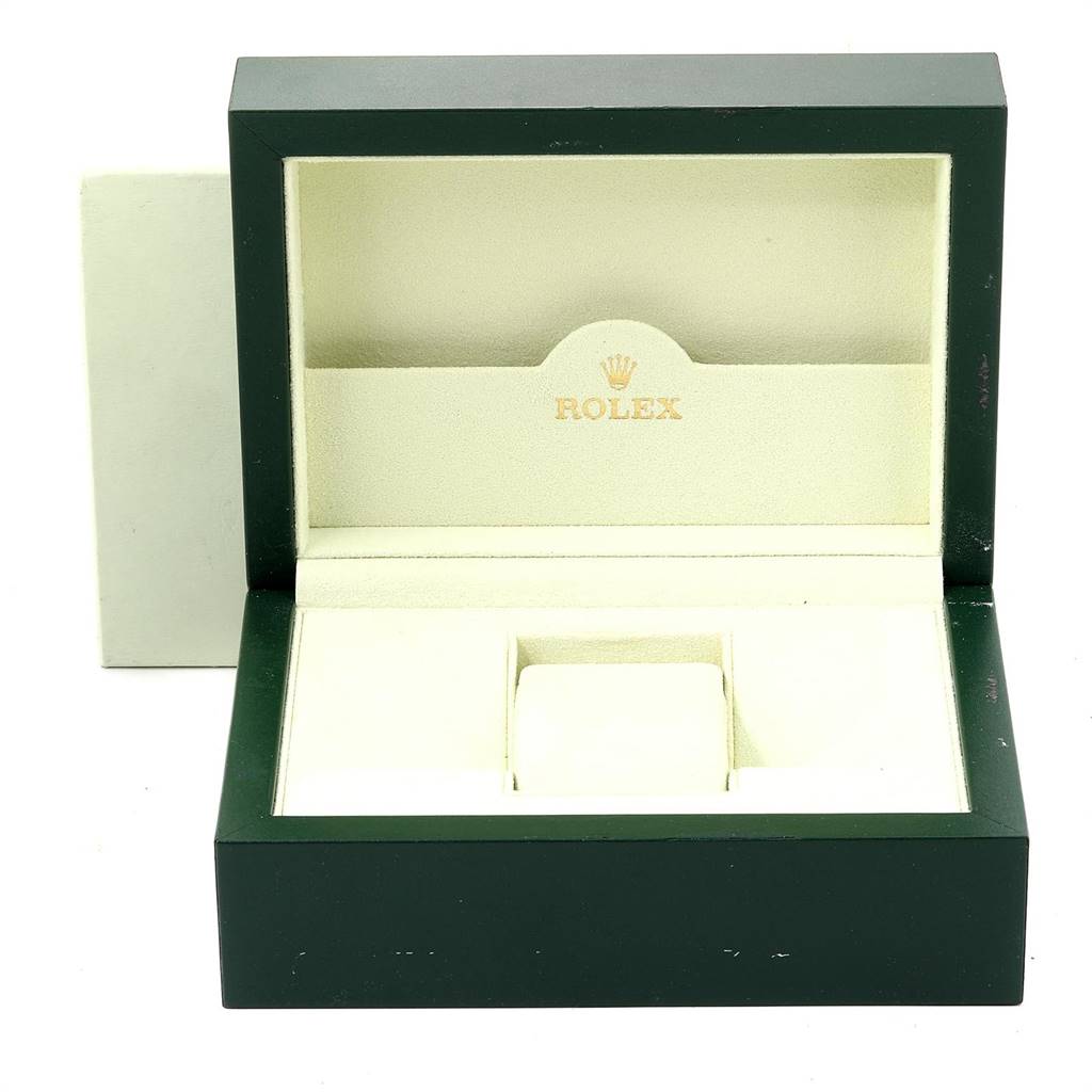 The image shows an open green and cream-colored Rolex Submariner 16610LV Men's Stainless Steel Black Dial 16610LV Men's Stainless Steel Black Dial watch box from a frontal angle.